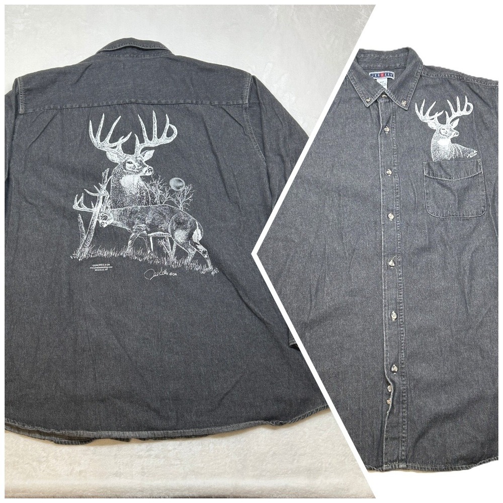 Jerzees Deer Print Shirt Mens 2XLT 2XL Tall Black Grey Chambray Long Sleeve - Picture 1 of 11